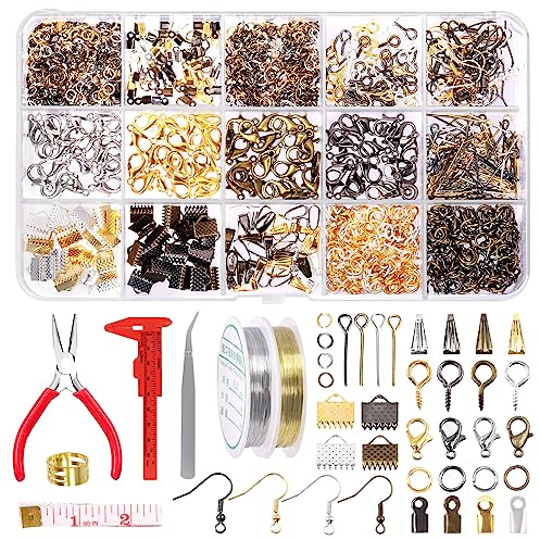 Swpeet 1468Pcs Jewelry Making Supplies Kit with Jewelry Making Tools, 2 Colors Jewelry Wires and Jewelry Pliers, 40 Styles Jewelry Findings, with Plastic Caliper, Thimble Ring, Awl Tweezers Scissors
