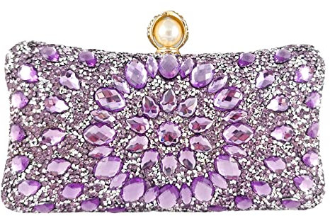 Boutique De FGG Chiusura a Perla Donna Borsa di Cristallo Borse da Sera del Partito con Strass Pochette e Clutch da Sposa con Diamante, Piccolo, Viola
