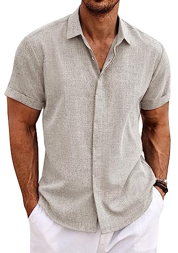 COOFANDY Men's Beach Wedding Shirt Casual Short Sleeve Linen Shirts Button Up Shirt Stone