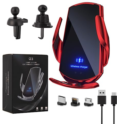 LFNOWN Wireless Car Charger Vent Mount Automotive Electric Induction 15W Wireless Charger Car Vent Mount Bracket Fast Charging Auto-Clamping Car Phone Holder Mount Air Vent Phone Holde(Red)