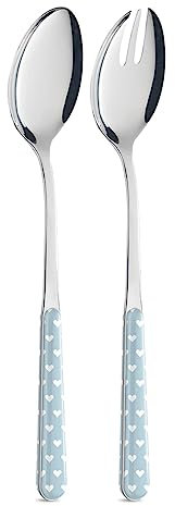 NÉVA | BISTROT Cuoricini Set de 2 Couverts à Salade, Cuillère et Fourchette à Salade, Couverts en Acier Inoxydable, Passe au Lave-Vaisselle, Décoration Indélébile, Bleu Clair