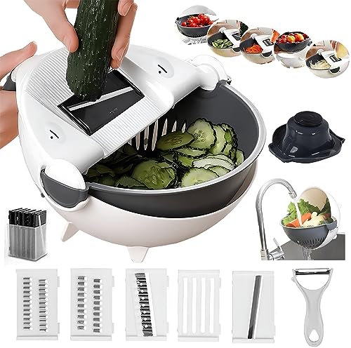 Mandolina Affetta Verdure Regolabile Manuale - Affettatrice per Verdure Multifunzione Professionale con Scola Verdure - Grattugia Taglia Verdure a Cubetti o Julienne e Separatore Uova