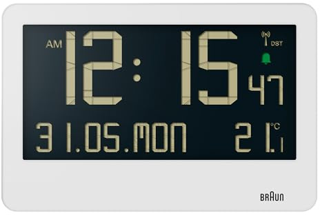 Braun Central European Time Zone (DCF) Digitale Funkwanduhr mit Innentemperatur, Datum, Wochentag, großem umgekehrtem LCD-Display, Crescendo-Piepton-Alarm in Weiß, Modell BC14W-DCF.