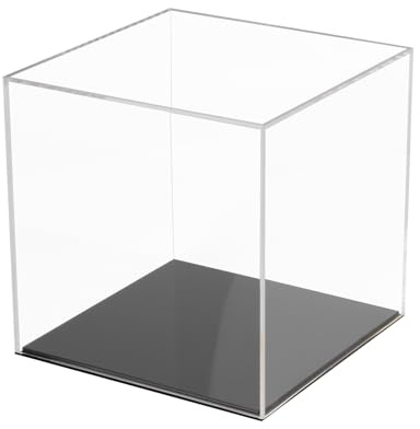 Kcgani Vollständig montierte Acryl-Vitrine mit schwarzem Sockel, klarer, würfelförmiger staubdichter Acryl-Schaukasten für Sammlerstücke, alternatives Glasgehäuse mit schwarzem Ständer für Display