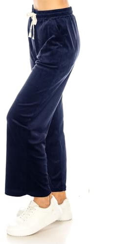 LA12ST Women's Elastic Waist Velour Loose Wide Leg Pants Long Palazzo Casual Flare Jogger with Pockets, Navy, S