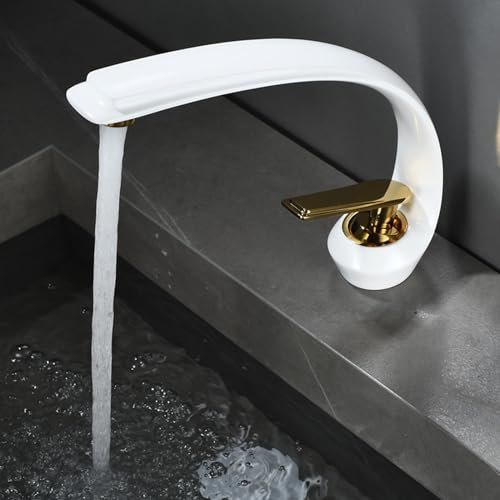 Mischbatterie Waschbecken Bad Badarmatur Waschbecken Bad Waschbecken Wasserhahn Heiß Und Kalt Gemischt Komplett Aus Kupfer Einzelgriff Einzelloch,Weißes Gold