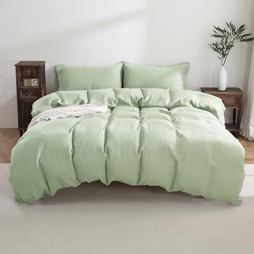 Triton French Linen Duvet Cover Set 3PCS Queen Size 92x92Inch,100% Natural Linen Duvet with Coconut Button Closure,Breathable Soft Washed Flax Bedding Comforter with 2 Pillowcases(Sage,Full/Queen)