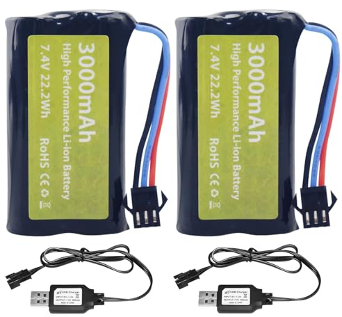 ZYGY 2PCS 7.4V 3000mAh 15C 2S Li-Ion Batterie mit SM-3P Stecker und USB Ladekabel für DE43 DE60 9500E 9309E Fernbedienung Auto Huina 1575 RC Spielzeug Auto