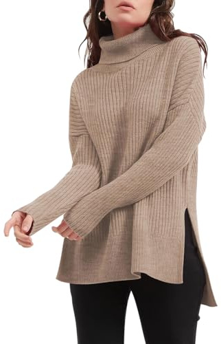 Imily Bela Damen Oversized Rollkragenpullover,Langärmeliger Tunika Pulli,Locker sitzend Winter Sweater,Rippenstrickpullover mit Seitenschlitz