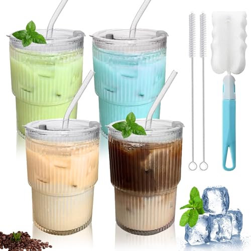 HUIKUANGEU Glasbecher mit Deckel und Strohhalm,4 Stück Glas Smoothie Becher mit Strohhalm,Transparente Gestreifte Glas-Wasserbecher 400ML,Eiskaffee Gläser,für Saft,Kaffee,Wasser,Tee,Smoothies