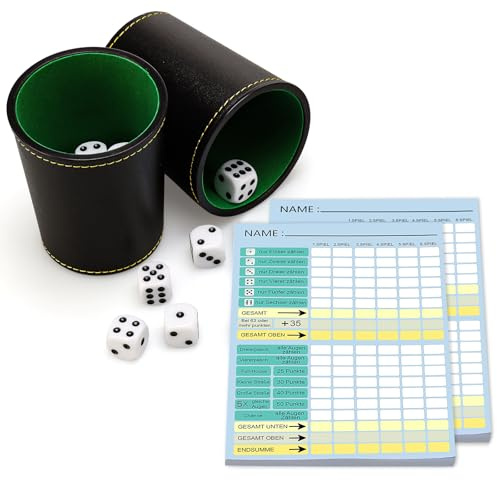 jiawaggag 2 Stück Würfel Spiel Set würfelbecher mit 10 würfeln Würfelspiel Block DIN A6 Leder und 2 Flexibler würfelbecher XXL würfelspiel gewinnkarten Spielblöcke für Würfelspiele für Erwachsene