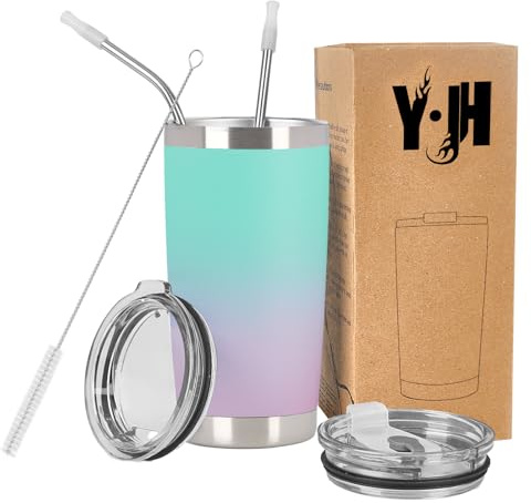 Y·J&H resebehållare med dubbla väggar, vakuumisolerad kaffemugg i rostfritt stål med 2 stänksäkra lock, 2 sugrör och gratis rengöringsborste, BPA-fri