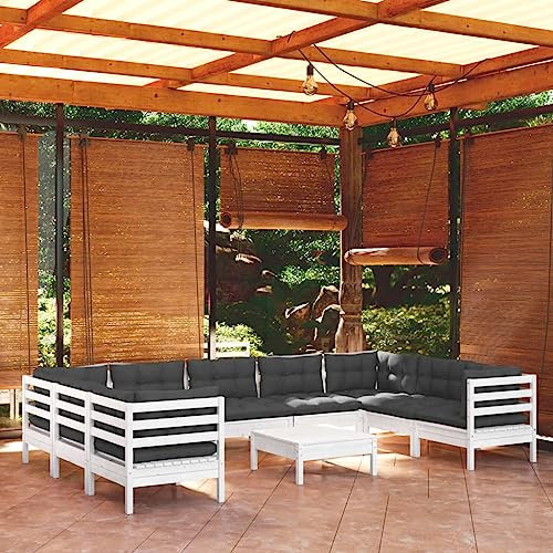 WEMYUFURN 10-TLG. Garten-Lounge-Set mit Kissen Weiß Kiefernholz, Outdoor-Sitzgruppe, Terrassen-Lounge-Set, Garten-Couchgarnitur - Wetterbeständig, Komfortabel - für Terrasse, Garten und Balkon