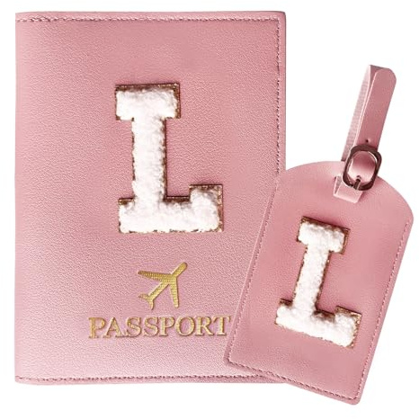 ZVRSUA Reisepasshülle Rosa und Kofferanhänger Set mit Buchstabe L, Passport Hülle Reise Gadgets und Travel Essentials Hülle Reisepass,Geschenk für Frauen/Teenager/Mädchen/Kind(L)