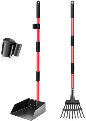 CJYMMFAN Dog Pooper Scooper Tray & Rake Kit, Heavy Duty Dog Poop Scooper with Adjustable Metal Long Handle, Portable Large Dog Poop Picker Upper with 10 Waste Bag for Yard, Grass & Leaves