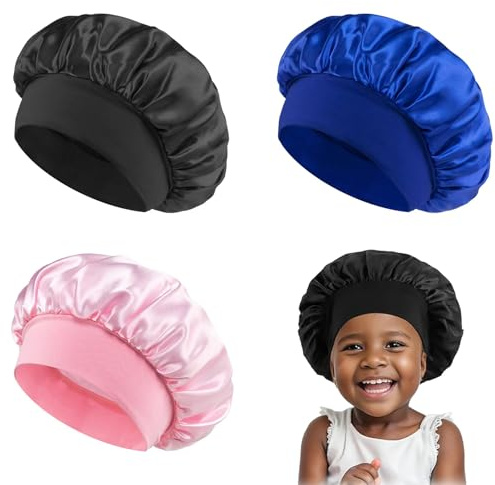 3 Pcs Kids Silk Bonnet for Sleeping,Elastic Child Satin Hair Bonnet for Sleeping,Soft Sleep Bonnets for Kids Girls Boys,Baby Bonnets,Silk Sleep Caps for Teens Toddler Children(Black+Blue+Pink)