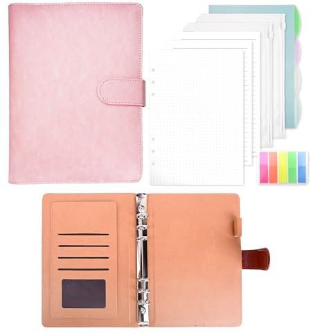 Ringbuch A5 Nachfüllbar, Leder Notizbuch Binder Mit 135 Blätter A5 Nachfüllpapier Und Bindertaschen Für Schulnotizen Reisetagebücher und Organizer(Rosa)