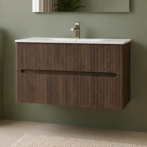 Yellowshop | Mobile Bagno Sospeso FLY 100 cm - 2 Cassetti con Lavabo Ceramica, Finitura Cannettata, Chiusura Soft-Close Noce effetto legno (Mobile con lavabo)