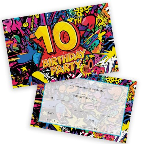 10th Birthday Party Invitations Kids - Comic Book Style 20 Pack - Childrens Birthday Invitations for Boys/Girls A6 Bday Party Invites Invitation Cards with Folding Envelopes