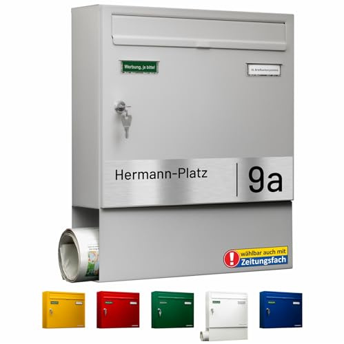 AL Briefkasten Systeme Basic-Line 1er Briefkasten personalisiert mit Namen Schild Straße und Hausnummer - Postkasten Grau modern mit Zeitungsfach - Gravur wetterfest Wandbriefkasten Zaunbriefkasten