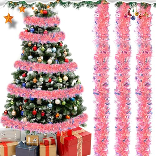 SULOLI Guirlande de Noël rose de 6 m - Guirlande de sapin de Noël - Guirlande pour l'intérieur et l'extérieur - Décoration de Noël