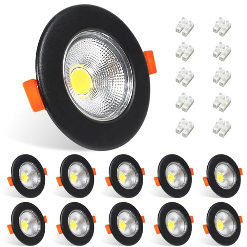 Allesgute 10x LED Downlights Ceiling 7W COB Ultra Slim 5000K IP44 | LED Spot Lights for Bathroom Bedroom Kitchen Round Black Recessed Ceiling Lights Cool White 600lm, Cutout Ø65-88mm
