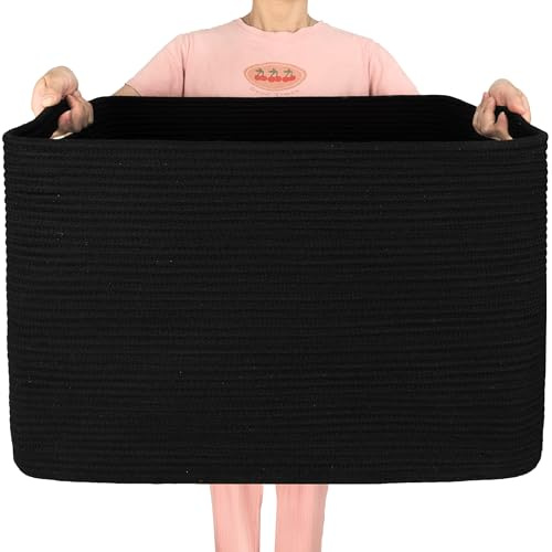 MINTWOOD Design 112L Extra Large Blanket Basket Holder Living Room, 25x17x16 Rectangle Rope Woven Storage Basket with Handles for Laundry, Pool Towels, Shoes, Dog Toy Organizer Bin Box, Black