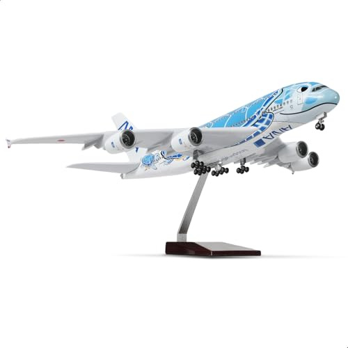 QIYUMOKE 1/160 A380 ANA blå sköldpadda 45 cm stor formgjuten modellsats för Airbus A380 flygplansmodellsats med stativ himmel jumbo flygplansmodell plan uppvisningssamlarmodellsats som present