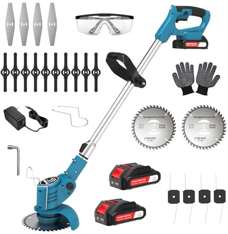 Tagliaerba a batteria, tagliaerba elettrico 4 in 1, con 2 batterie da 21 V e 4 tipi di coltelli, tagliabordi elettrico per prato, giardino