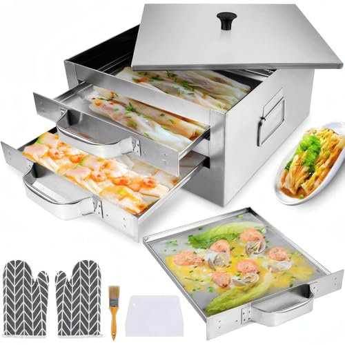Vaporera de 2 Capas para rollitos de Fideos de arroz, Utensilios de Cocina para Recetas de la Cocina China Cheung Fun, con Bandeja de Vapor y asa de Acero Inoxidable, Horno para Leche de arroz