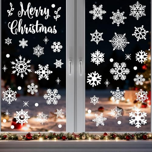 Inreeme Stickers Noel Fenetre 157 Pièces - Autocollant Noel pour Fenetre Flocons de Neige Electrostatique, Blancs et Réutilisables Stickers Vitre Noël, Decoration de Noël Deco pour Vitrine Verre