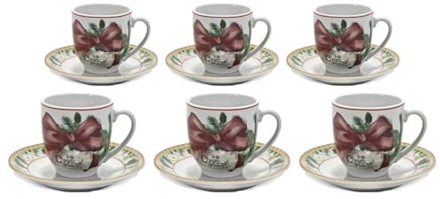 Servizio di Tazzine da Caffè con piattino completo per 6 Persone Natalizio Festa in Porcellana ghirlanda fiocco rosso agrifoglio pigne palline In Scatola Regalo