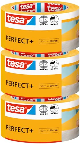 tesa Malerband Perfect+ - Malerkrepp aus dünnem Washi-Papier zum präzisen Abkleben bei Malerarbeiten - für den Innenbereich - 50 m x 50mm (3 Rollen, 50m x 50mm)