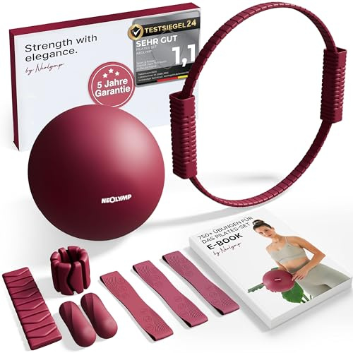 NEOLYMP Pilates Set für Zuhause – Pilates Ball, Pilates Ring & Gewichte – Komplettes Pilates Zubehör Set – inkl. Pilates Bänder, 1kg Hanteln & E-Book – Pilates Essential Kit (Basic, Berry)