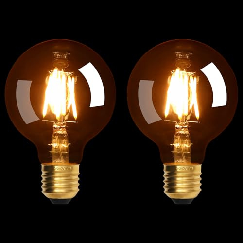 Terafeels 2 Pack E27 Vintage LED Light Bulbs, G80, 4W, Straight Filament, 2200K Warm Yellow Glow, Amber Glass, Dimmable Edison Screw in Light Bulb