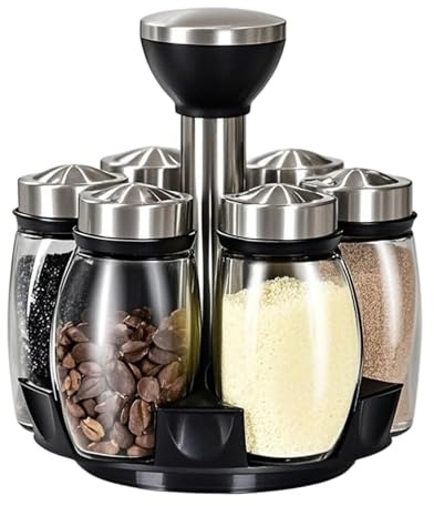 Buerfu Gewürzregal Drehbar Mit 6 Gewürzgläsern Und Streueinsätzen – Praktisches Gewürzkarussell Für Salz, Pfeffer & Kräuter | Rostfreies Gewürz-Organizer-Set Für Küche, Grillen Und BBQ
