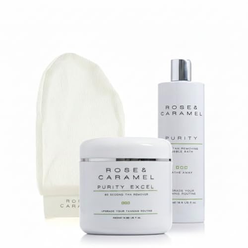 Rose & Caramel Purity Excel 60 Second Tan Remover, Purity Self Tan Removing Bubble Bath & Exfoliating Hamman Glove