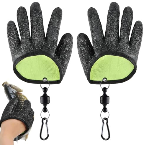 Ufdeoton Guantes de pesca para lucio, lucioperca, bagre, peces depredadores, 1 par de guantes de aterrizaje con 2 ganchos magnéticos, impermeables, a prueba de mordeduras, antideslizantes