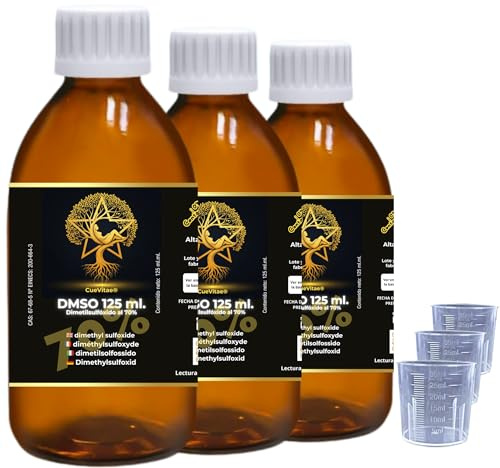 CueVitae® DMSO 70% 3x125 ml | Dimetilsulfóxido | Vidrio | Lote de recipientes técnicos de precisión. Uso exclusivo laboratorio, solvente orgánico de alta pureza y uso general.