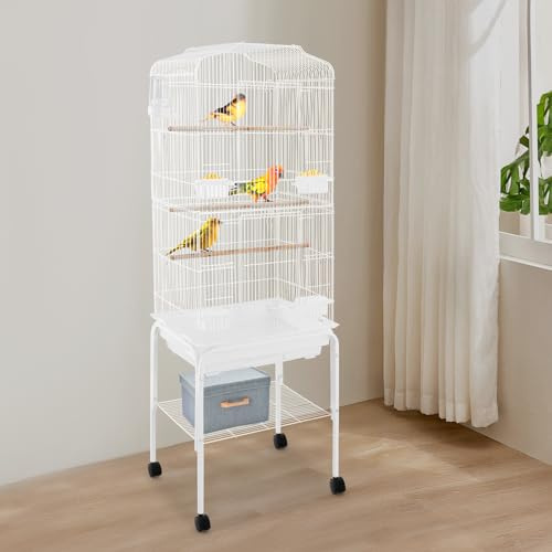 AQIFAND Großer Vogelkäfig mit Rollen, Metallkäfig für mittlere Vögel Mit Futterstation & Sitzstangen 4 Lenkrollen (2 Bremsen) 46x46x86cm Ideal für Wellensittiche & Nymphensittiche (Weiß, 2-stufig)