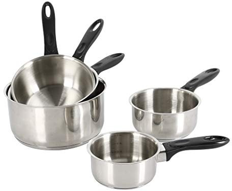 Crealys 501534 Lot de 5 Casseroles Acier Inoxydable Ø12/14/16/18 et 20 cm Gamme ESSENTIAL - Poignée Thermorésistante - Tous Feux dont Induction, Argenté.
