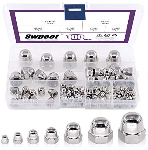 100 Stück 304 Edelstahl Wellenschliff metrische Hutmuttern Sechskant-Kuppelkappen-Sortiment Kit 7 Größen – M3 M4 M5 M6 M8 M10 M12