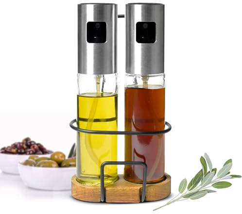 Sendez Öl- & Essigsprüher Set 2er – Sprühflaschen aus Edelstahl & Glas für Öl, Essig, Sojasauce sowie Zitronen- & Limettensaft – 100 ml je Flasche mit Halterung & Reinigungsbürste
