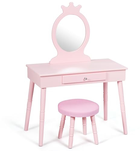 COSTWAY Sminkbord för barn, 2-i-1 sminkbord och skrivbord med avtagbar spegel och pall, toalettbord med låda och furu, sminkbord kan belastas upp till 65 kg, 70 x 34 x 100 cm (rosa)