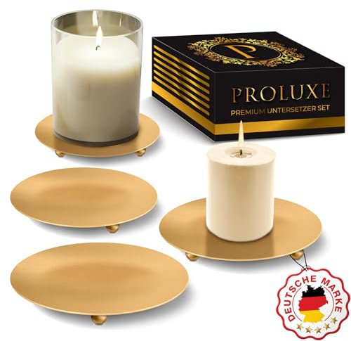 PROLUXE ® Kerzenhalter Gold 4tlg Design - Kerzenständer aus hochwertigem Metall - Kerzenuntersetzer - Premium Qualität Kerzen Deko - 4er Set Kerzenteller - Geschenkartikel