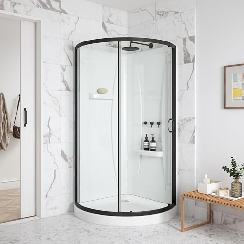 OVE Decors Breeze 32 in. Corner Shower Clear Sliding Door with Included Walls and Base in Black Finish