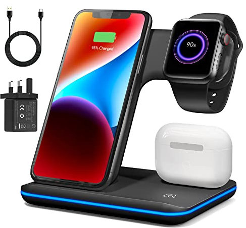 VESSTT Wireless Charger 3 in 1, Wireless Charging Station for iPhone 15/14/13/12/11 and Apple Watch 8/7/6/5/4/3/2/SE, 2022 Upgraded Charging Dock for AirPods 1/2/3/ Pro/Pro 2…