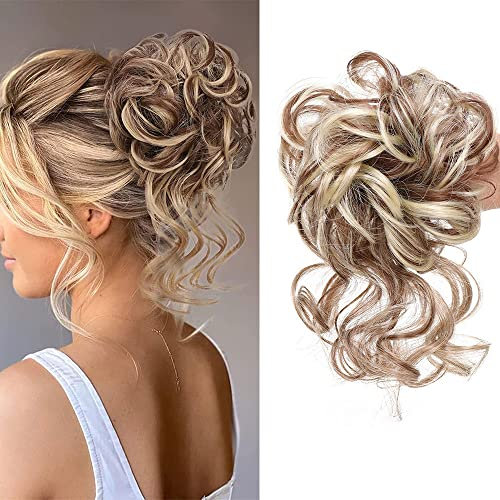 Chignon Postiche Cheveux Grande Postiches Bouclés Ondulés Chouchou Cheveux Naturel Faux Chignon Elastique pour Femmes Fille (12H613 (mélange marron moyen, blond fraise)