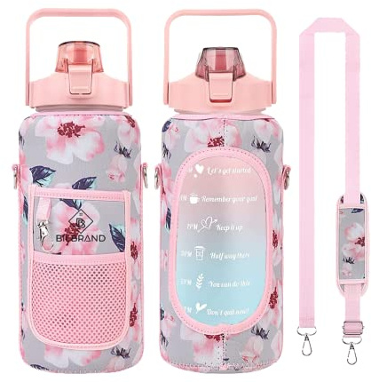 Bilbrand Borraccia senza BPA, 2000 ml, 2 l, a prova di perdite, per il tempo libero e lo sport, con portabottiglie con tracolla regolabile (BB-01_fiori)