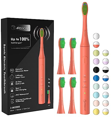 ARISSON Sonic Electric Toothbrush for Adults and Kids, 40,000 VPM Power Toothbrush, 1.5H Fast Charge Ultrasonic Electric Toothbrushes with 2 Minutes Smart Timer, 1.6 Oz Travel Toothbrush, Peach Orange